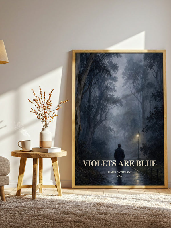 Violets Are Blue watercolour print in frame leaning in hallway – thriller wall art