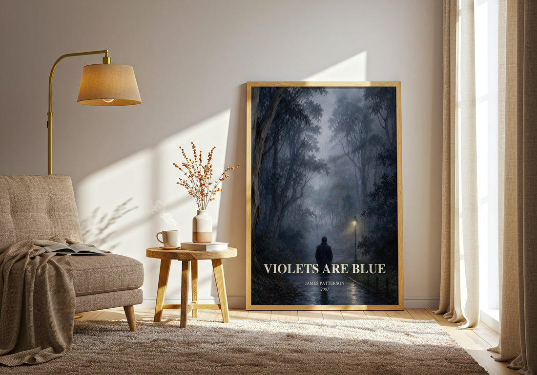 Violets Are Blue watercolour print in frame leaning in hallway – thriller wall art (mockup)