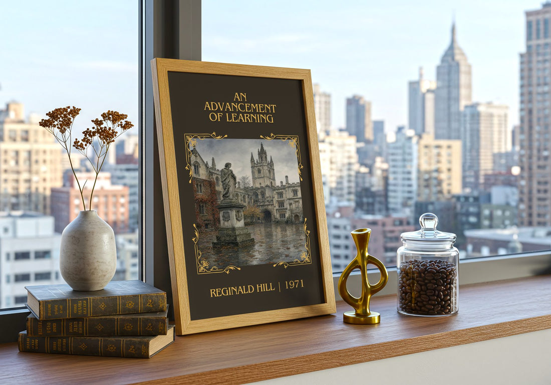 An Advancement of Learning Classic Book Art Print by Reginald Hill – framed print on a city-view windowsill