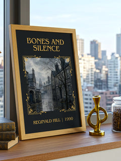 Bones and Silence Classic Book Art Print by Reginald Hill – framed print on a city-view windowsill