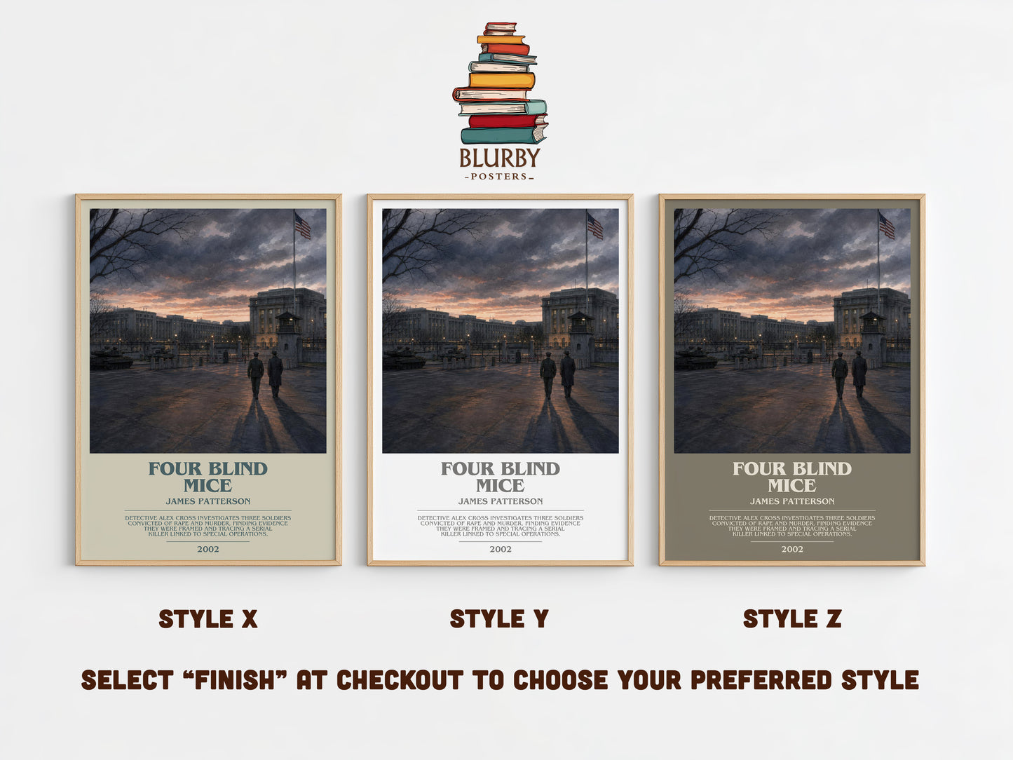 Four Blind Mice bookish print in frame leaning in hallway – thriller wall art