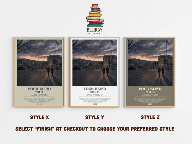 Four Blind Mice bookish print in frame leaning in hallway – thriller wall art