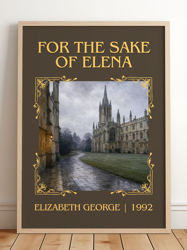 For the Sake of Elena Classic Book Art Print by Elizabeth George – framed print leaning on a wooden floor