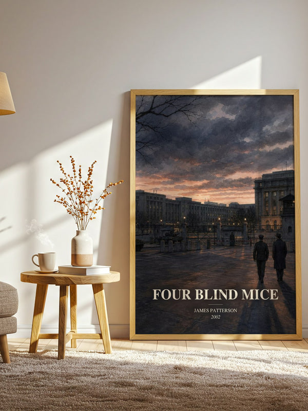 Four Blind Mice watercolour print in frame leaning in hallway – thriller wall art