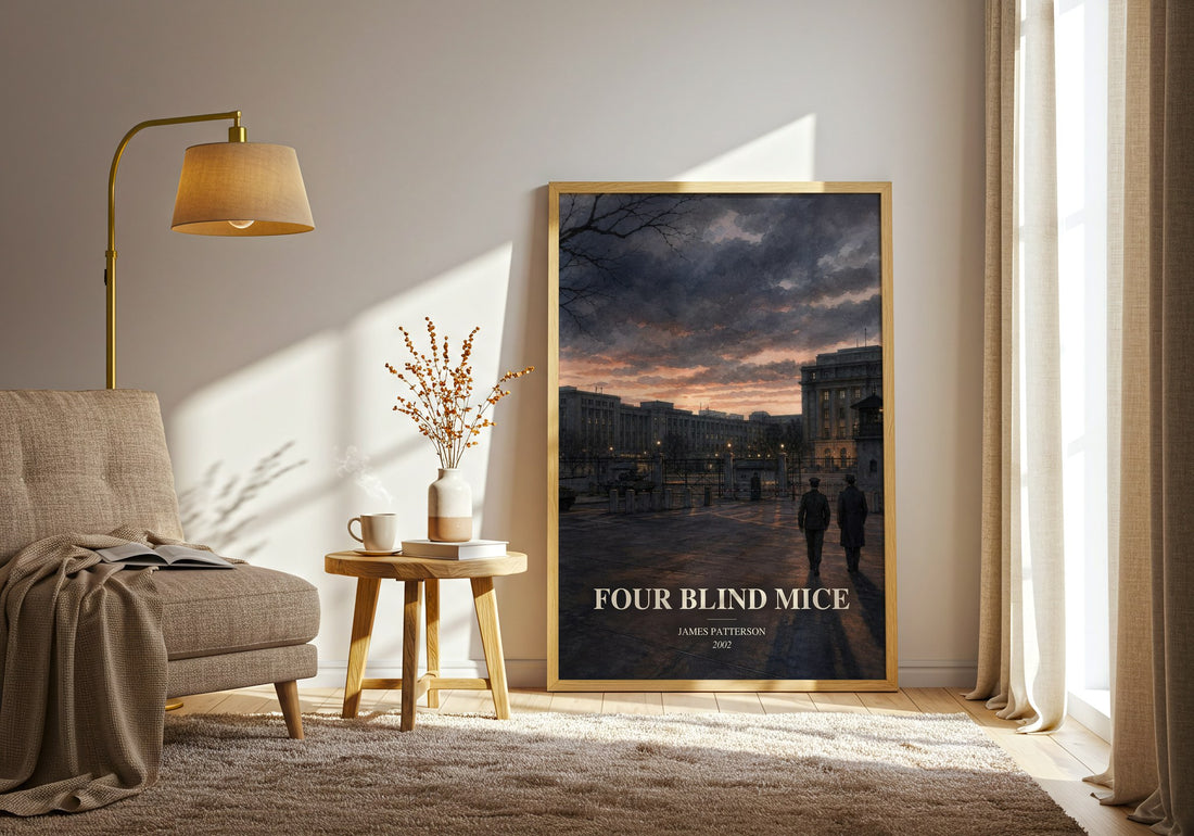 Four Blind Mice watercolour print in frame leaning in hallway – thriller wall art (mockup)