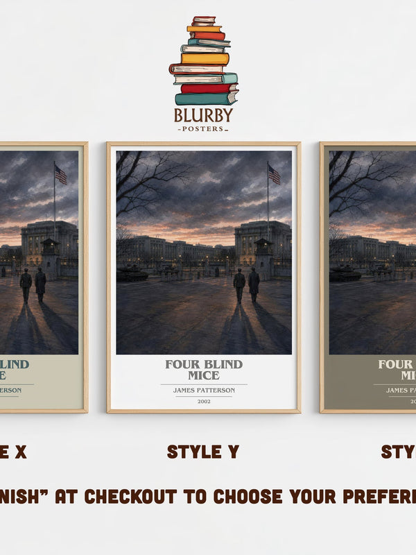 Four Blind Mice book cover print in frame leaning in hallway – thriller wall art