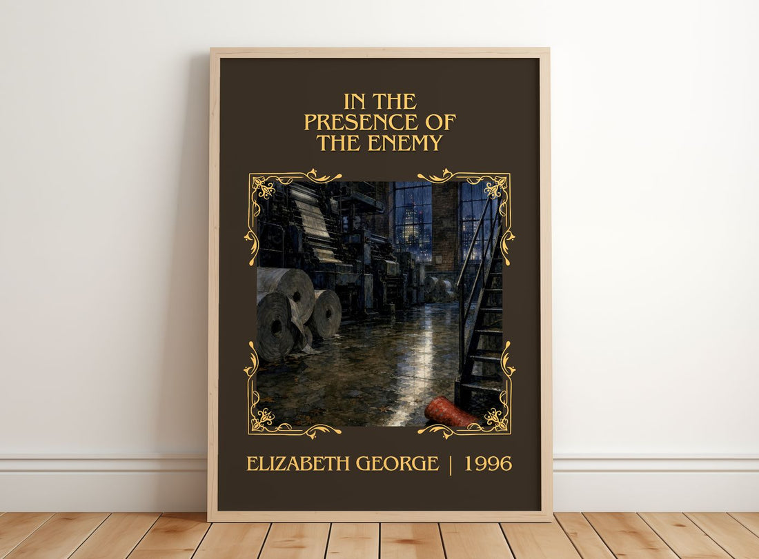 In the Presence of the Enemy Classic Book Art Print by E. George – framed print leaning on a wooden floor