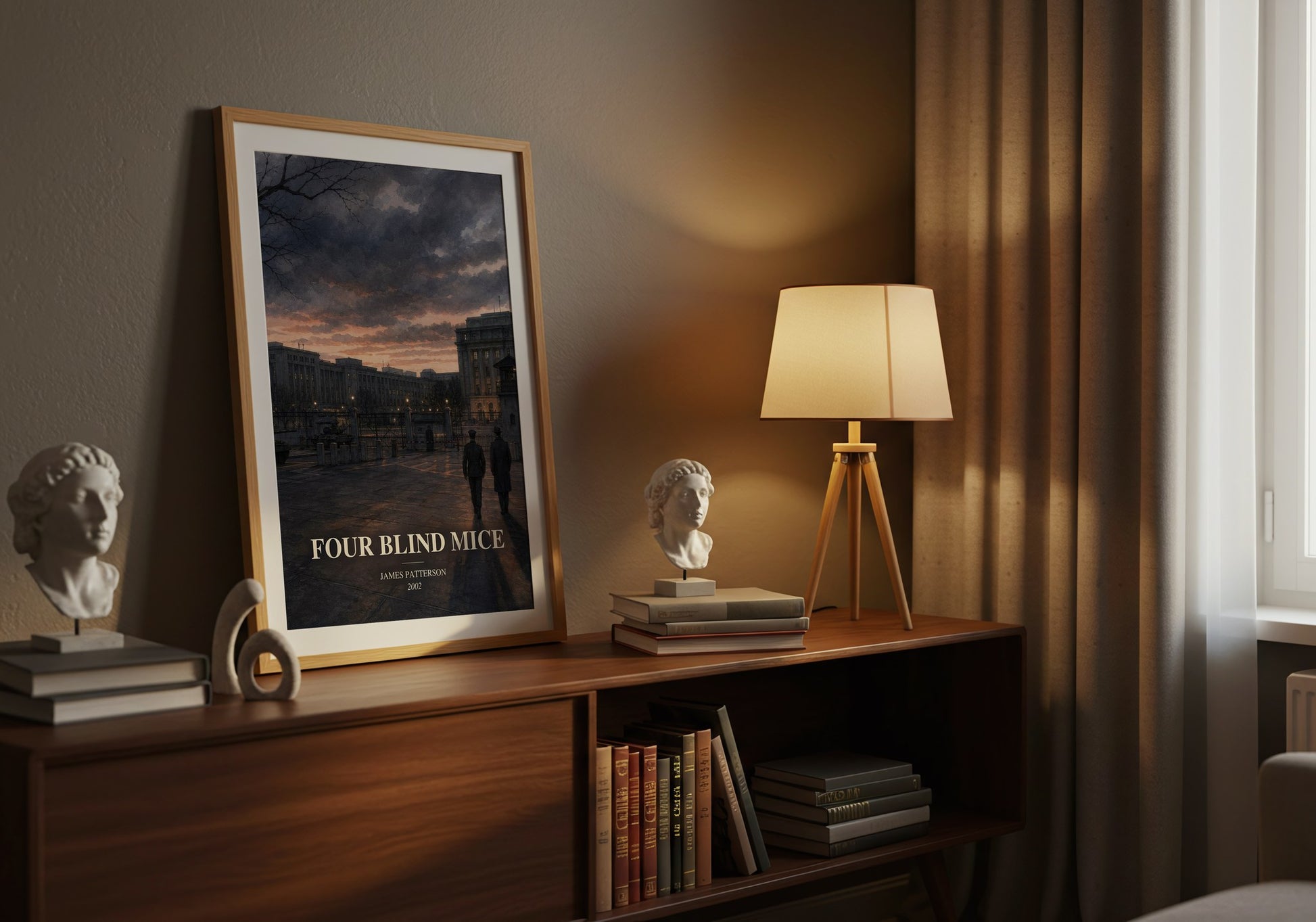 Four Blind Mice watercolour print on bookshelf – James Patterson fan gift