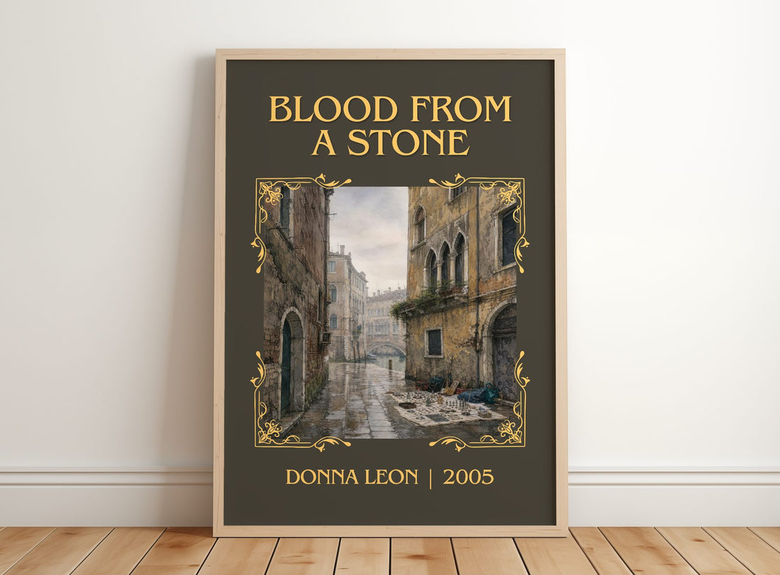 Blood from a Stone Classic Book Art Print by Donna Leon – framed print leaning on a wooden floor