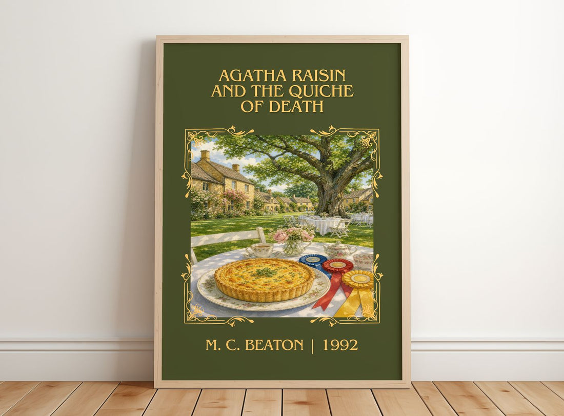 Agatha Raisin and the Quiche of Death Classic Book Art Print by M. C. Beaton – framed print leaning on a wooden floor