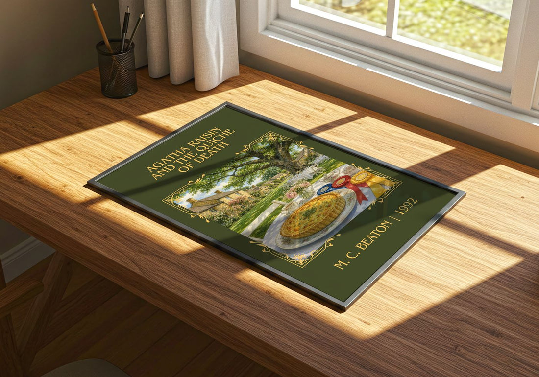 Agatha Raisin and the Quiche of Death Classic Book Art Print by M. C. Beaton – print on a sunlit desk