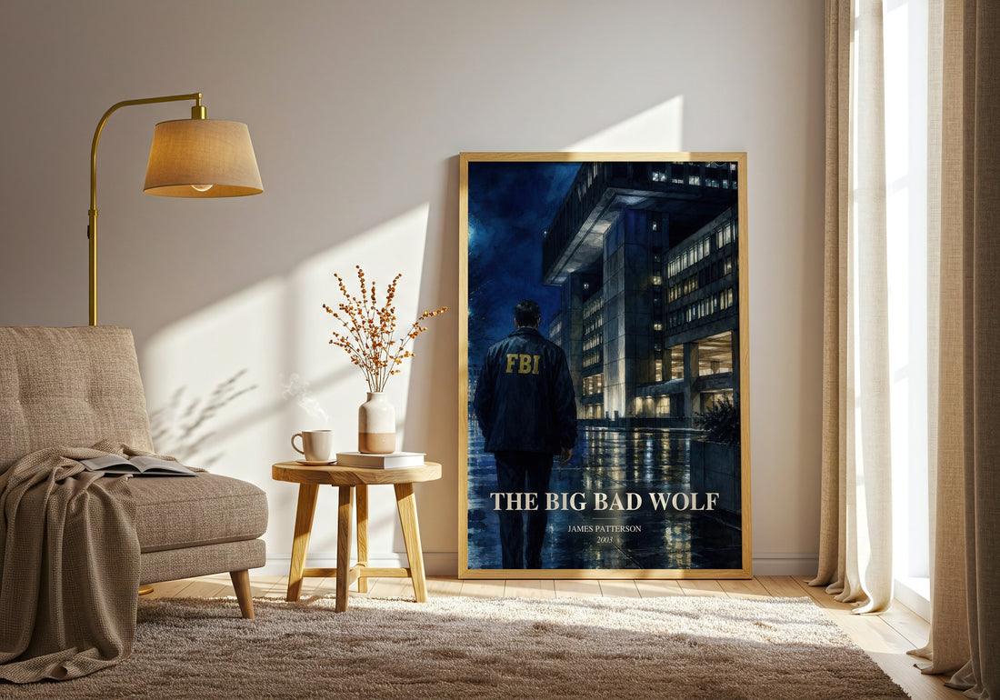 The Big Bad Wolf watercolour print in frame leaning in hallway – thriller wall art (mockup)