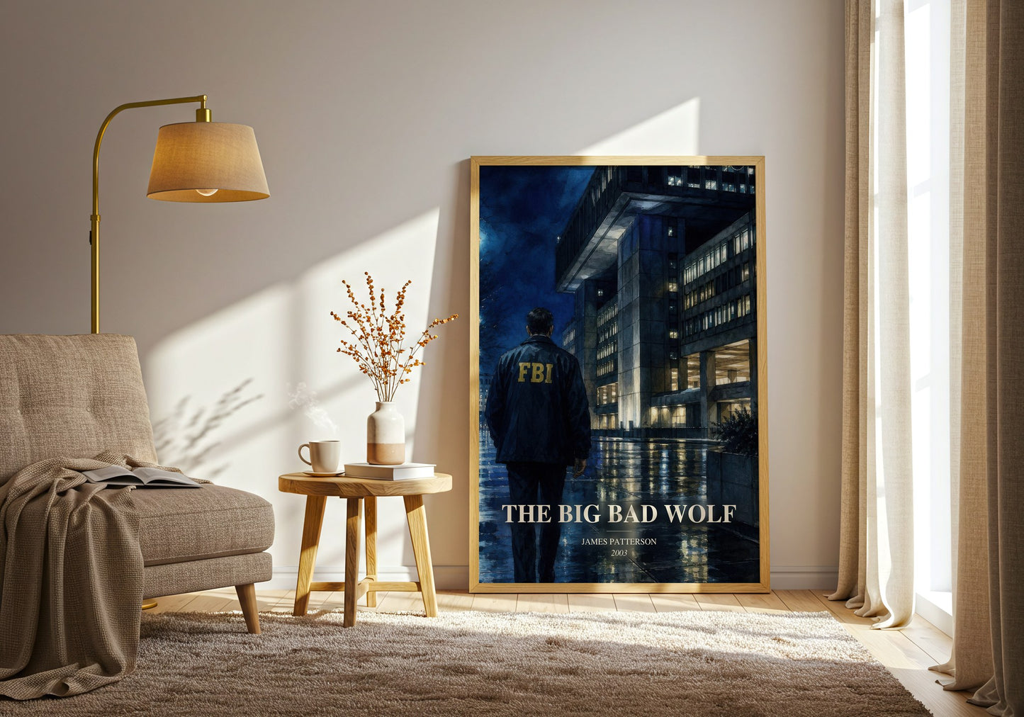 The Big Bad Wolf watercolour print in frame leaning in hallway – thriller wall art