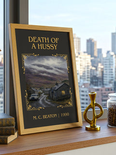Death of a Hussy Classic Book Art Print by M. C. Beaton – framed print on a city-view windowsill
