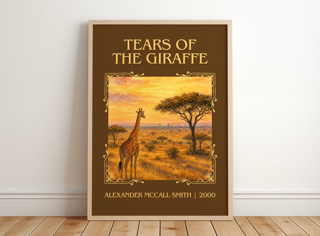 Tears of the Giraffe Classic Book Art Print by Alexander McCall Smith – framed print leaning on a wooden floor