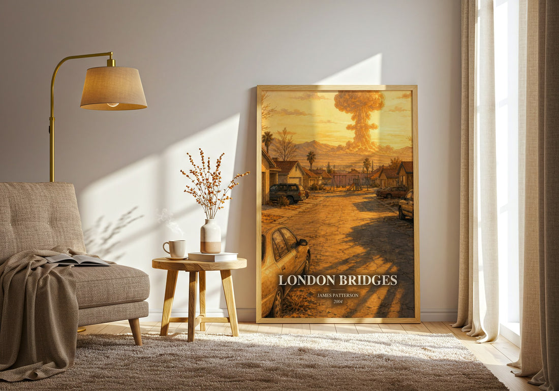 London Bridges watercolour print in frame leaning in hallway – thriller wall art (mockup)