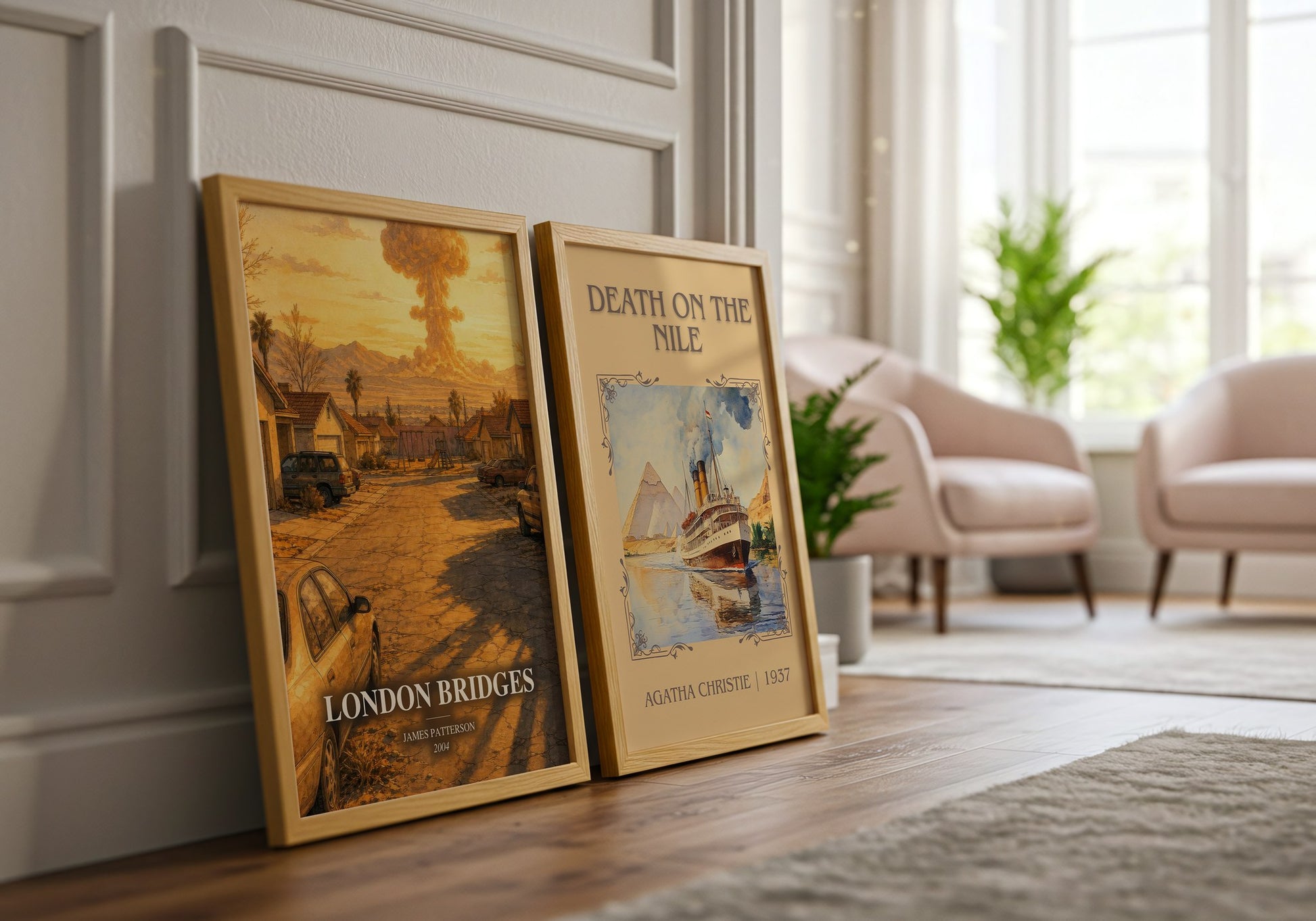London Bridges watercolour print framed by window – literary home decor