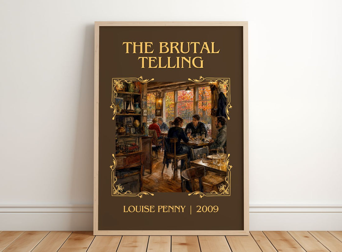 The Brutal Telling Classic Book Art Print by Louise Penny – framed print leaning on a wooden floor