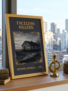 Faceless Killers Classic Book Art Print by Henning Mankell – framed print on a city-view windowsill