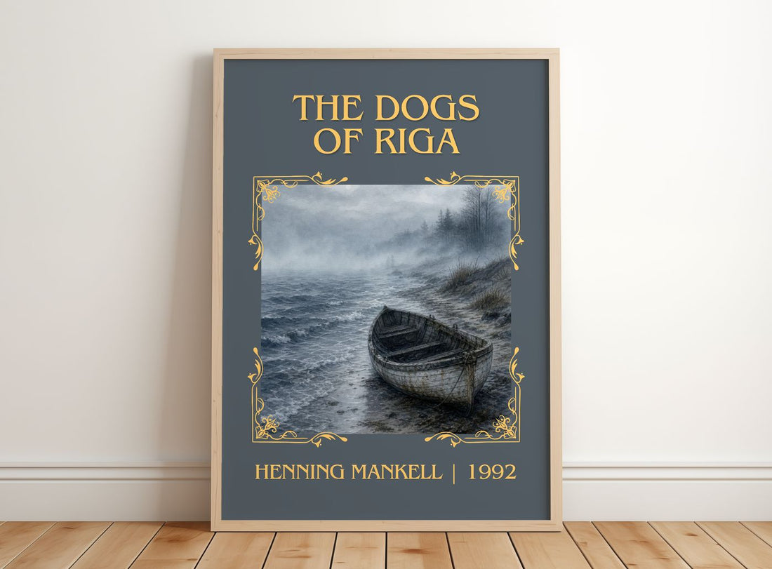The Dogs of Riga Classic Book Art Print by Henning Mankell – framed print leaning on a wooden floor
