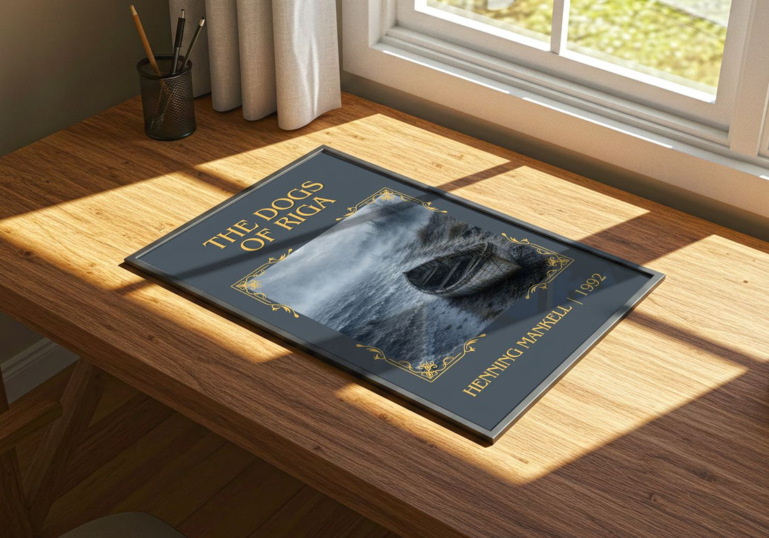 The Dogs of Riga Classic Book Art Print by Henning Mankell – print on a sunlit desk