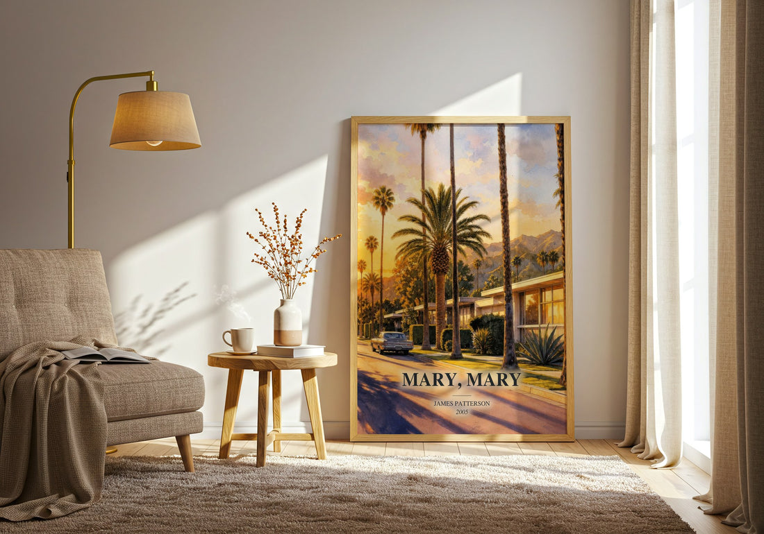 Mary, Mary watercolour print in frame leaning in hallway – thriller wall art (mockup)
