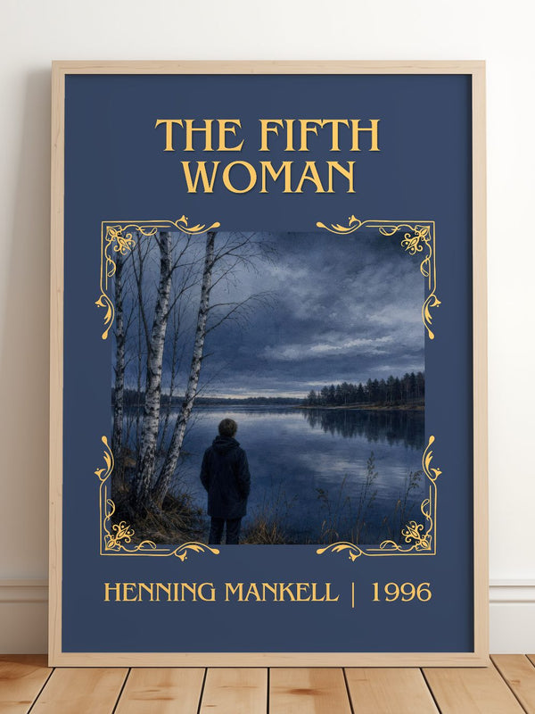 The Fifth Woman Classic Book Art Print by Henning Mankell – framed print leaning on a wooden floor