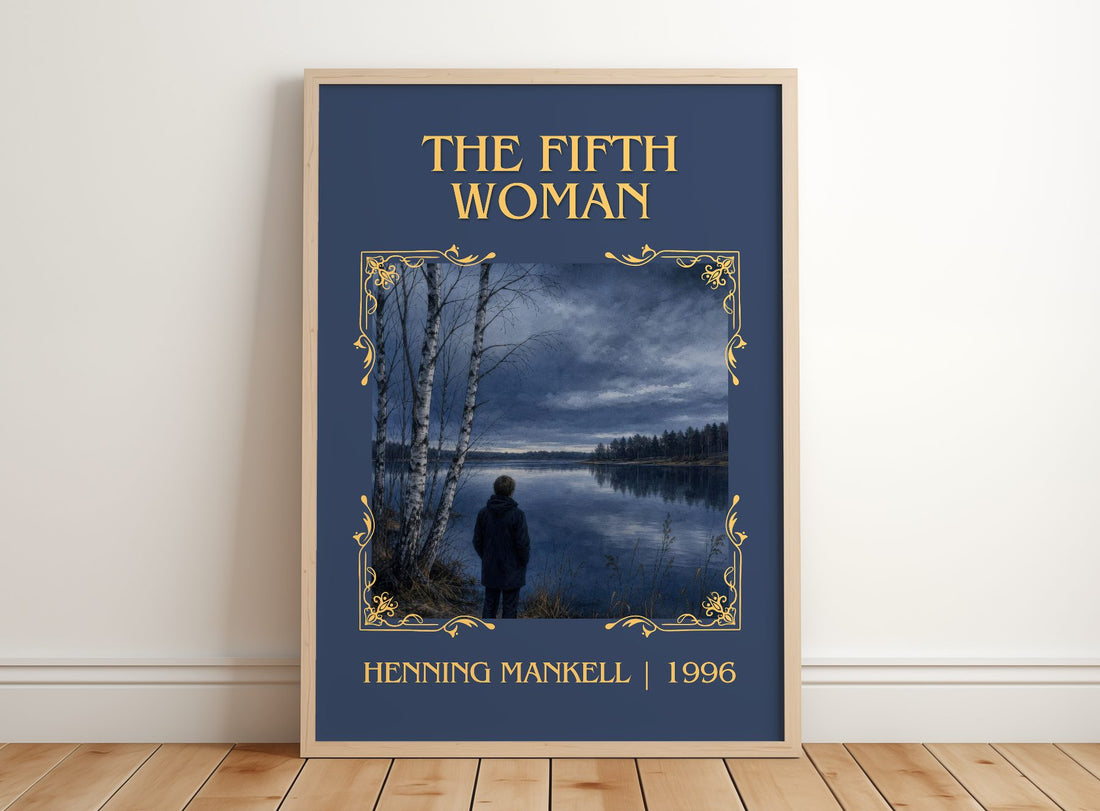The Fifth Woman Classic Book Art Print by Henning Mankell – framed print leaning on a wooden floor