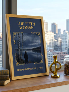 The Fifth Woman Classic Book Art Print by Henning Mankell – framed print on a city-view windowsill