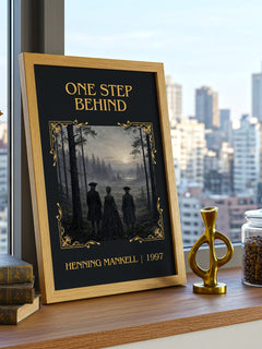 One Step Behind Classic Book Art Print by Henning Mankell – framed print on a city-view windowsill