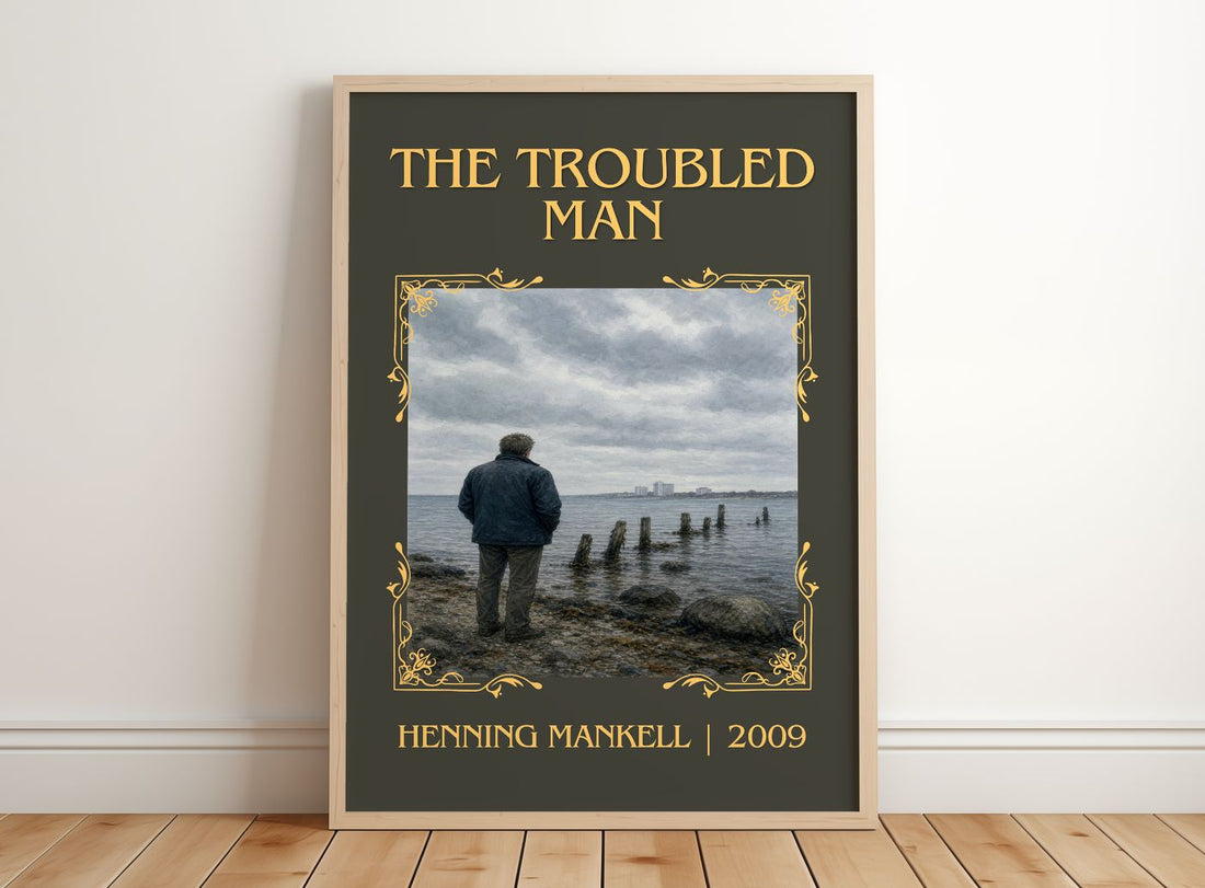 The Troubled Man Classic Book Art Print by Henning Mankell – framed print leaning on a wooden floor