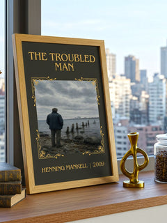 The Troubled Man Classic Book Art Print by Henning Mankell – framed print on a city-view windowsill