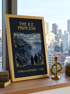 The Ice Princess Classic Book Art Print by Camilla Läckberg – framed print on a city-view windowsill