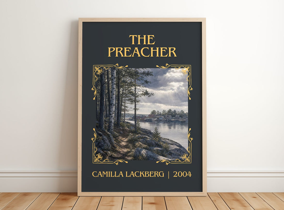 The Preacher Classic Book Art Print by Camilla Läckberg – framed print leaning on a wooden floor