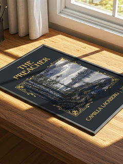 The Preacher Classic Book Art Print by Camilla Läckberg – print on a sunlit desk