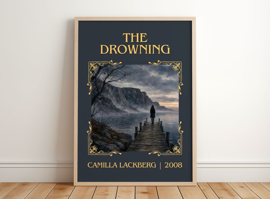 The Drowning Classic Book Art Print by Camilla Läckberg – framed print leaning on a wooden floor