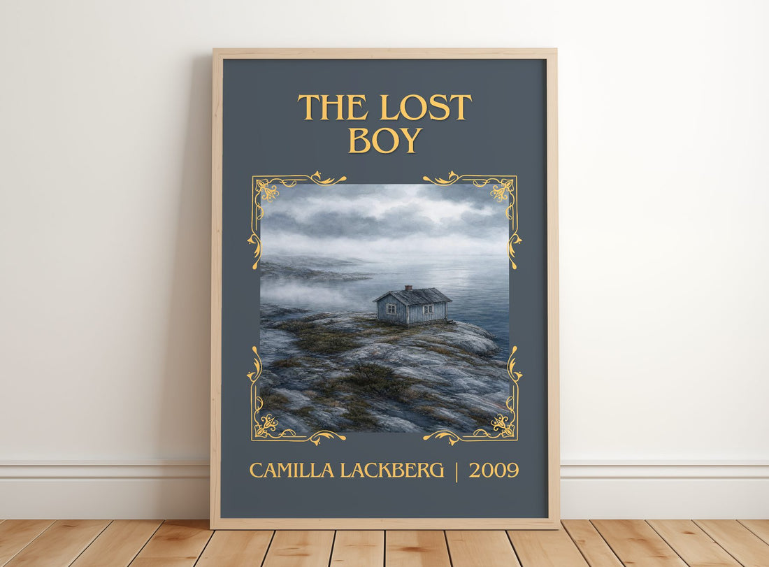 The Lost Boy Classic Book Art Print by Camilla Läckberg – framed print leaning on a wooden floor
