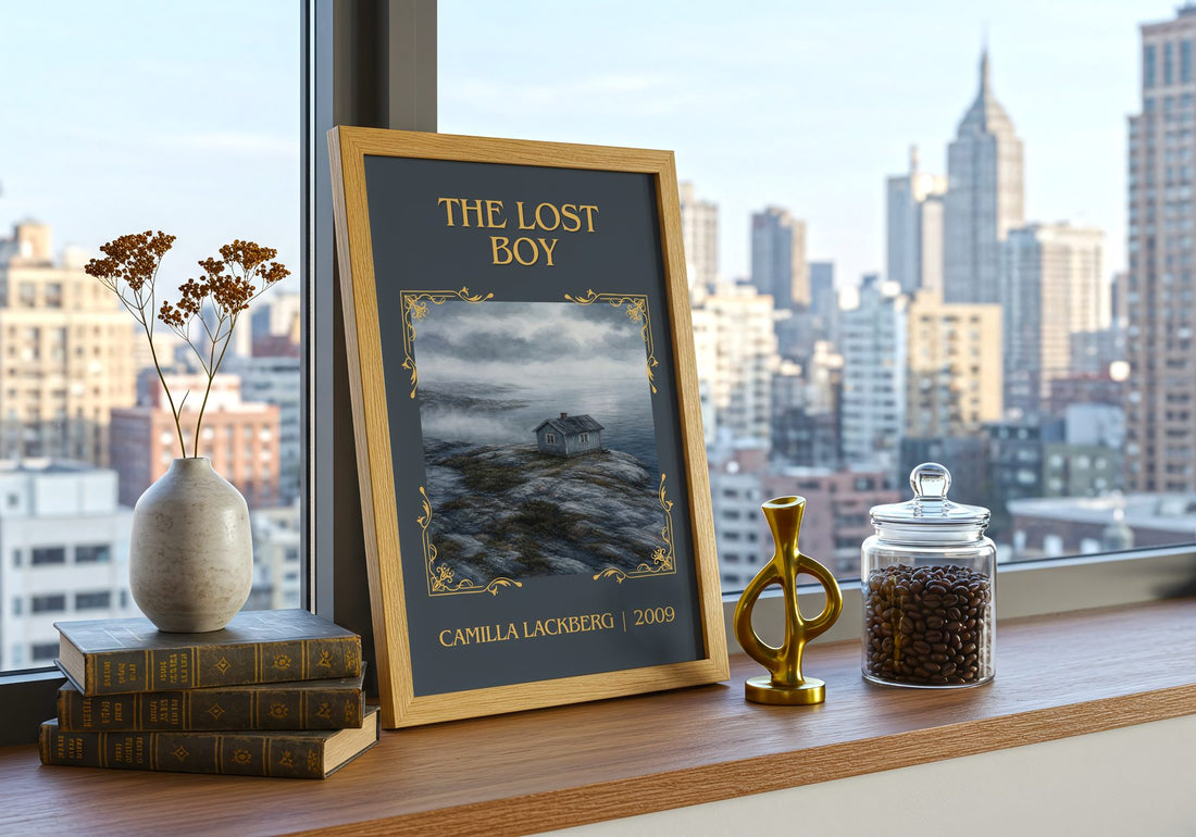 The Lost Boy Classic Book Art Print by Camilla Läckberg – framed print on a city-view windowsill