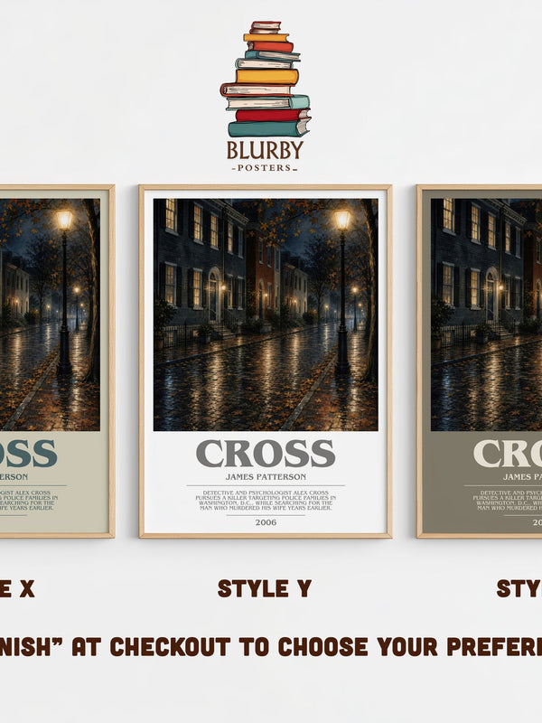 Cross bookish print in frame leaning in hallway – thriller wall art