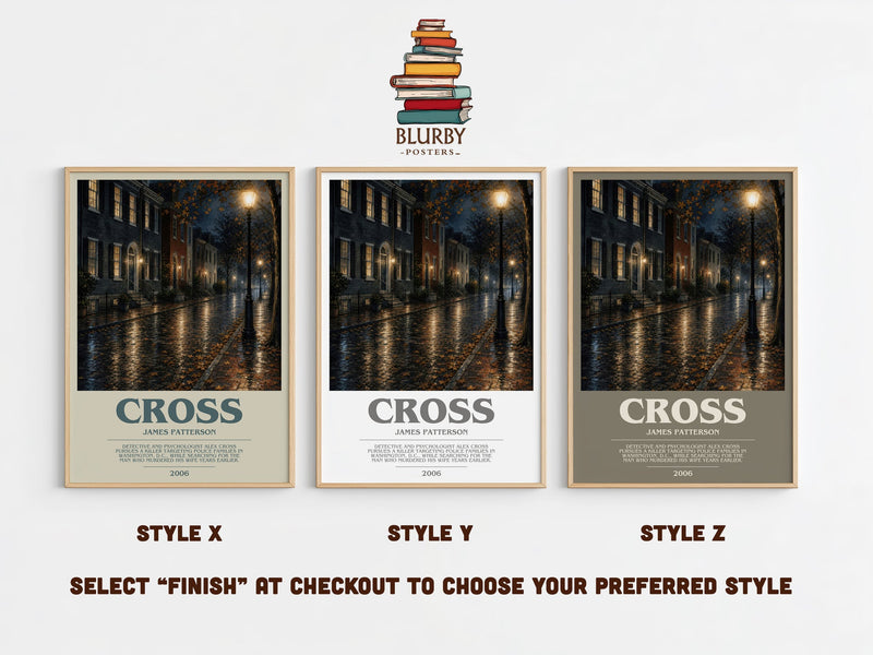 Cross bookish print in frame leaning in hallway – thriller wall art