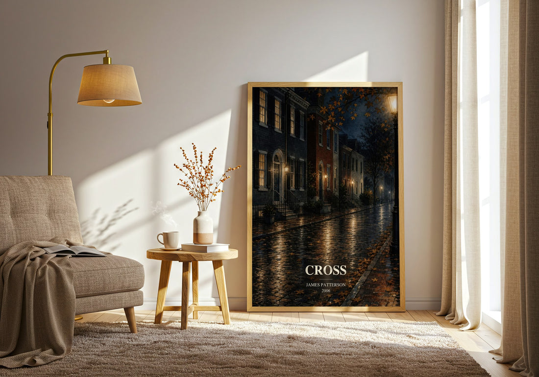 Cross watercolour print in frame leaning in hallway – thriller wall art (mockup)