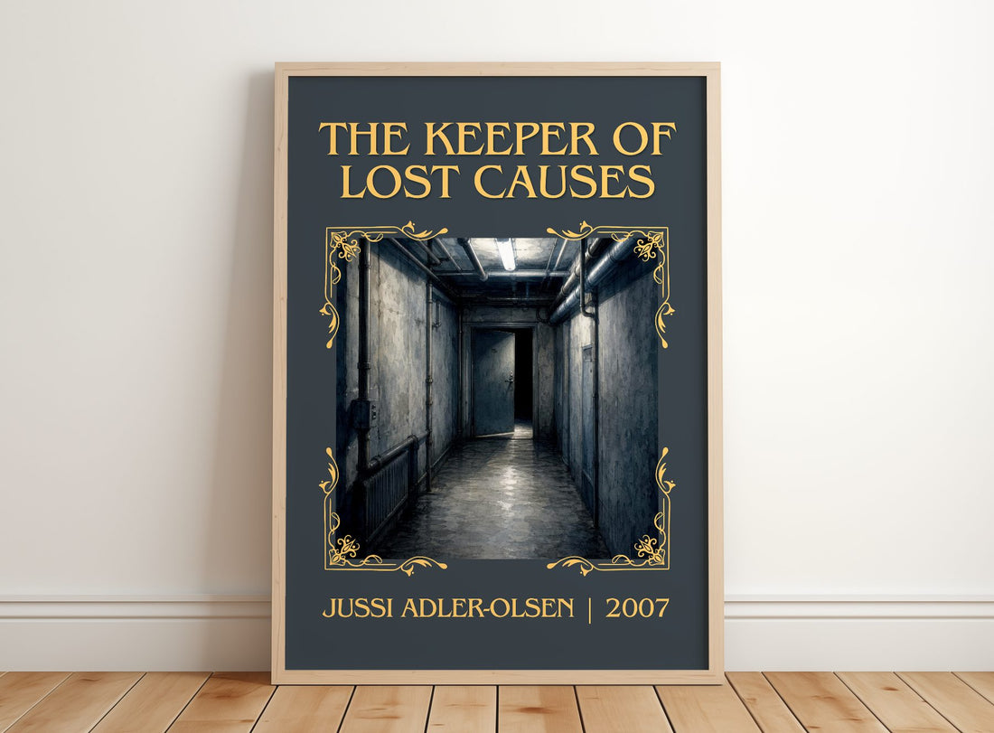 The Keeper of Lost Causes Classic Book Art Print by Jussi Adler-Olsen – framed print leaning on a wooden floor