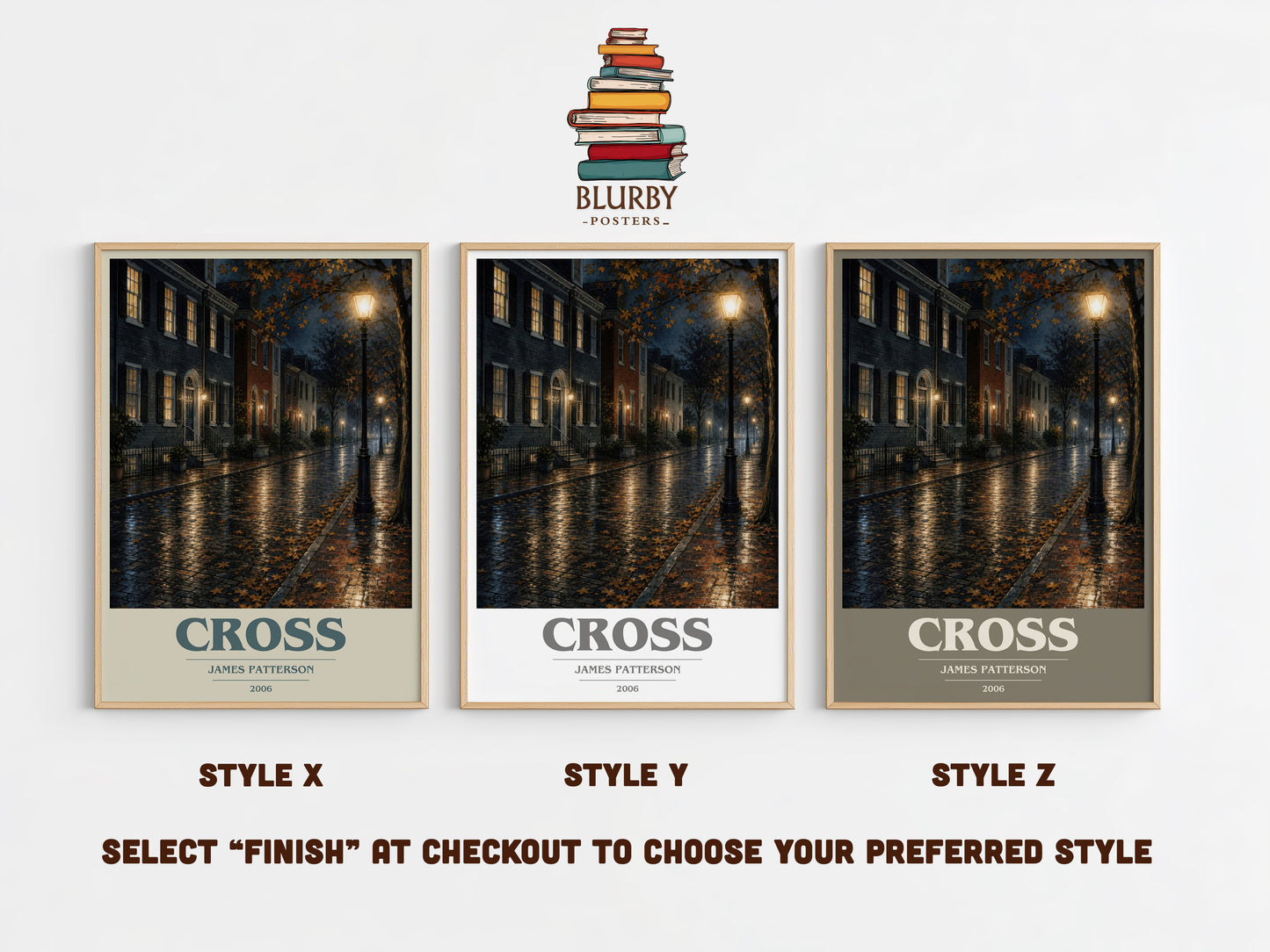 Cross book cover print in frame leaning in hallway – thriller wall art