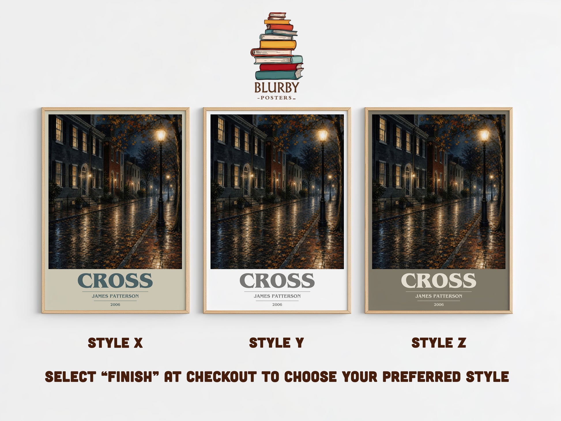 Cross book cover print in frame leaning in hallway – thriller wall art