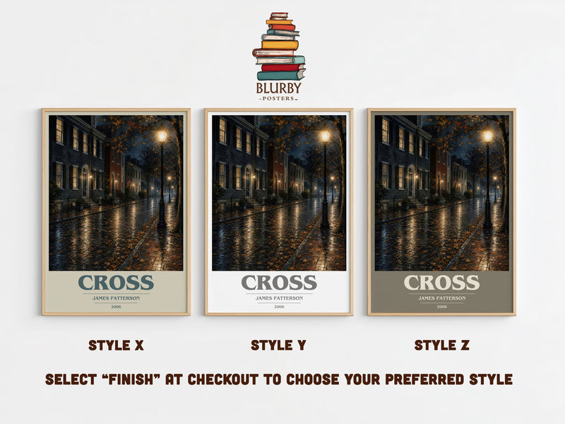 Cross book cover print in frame leaning in hallway – thriller wall art