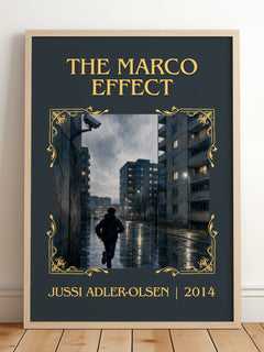 The Marco Effect Classic Book Art Print by Jussi Adler-Olsen – framed print leaning on a wooden floor