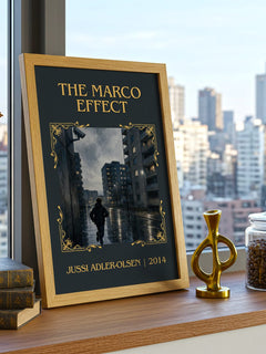 The Marco Effect Classic Book Art Print by Jussi Adler-Olsen – framed print on a city-view windowsill