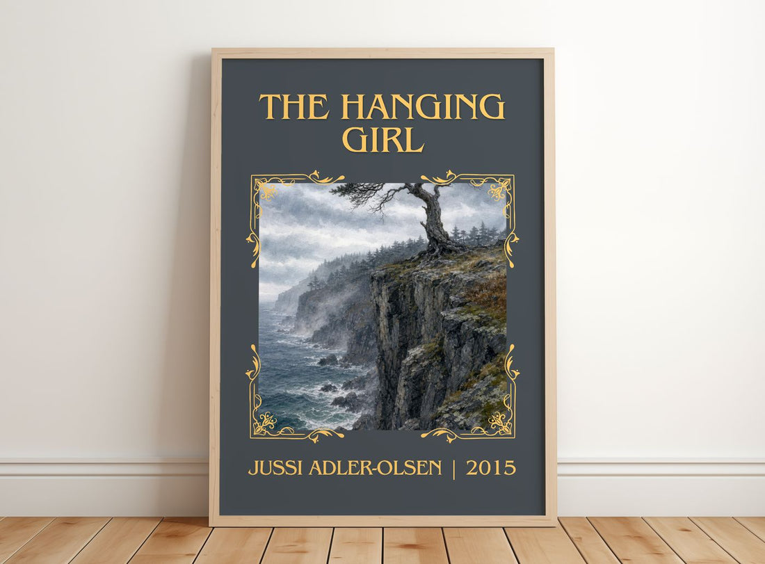 The Hanging Girl Classic Book Art Print by Jussi Adler-Olsen – framed print leaning on a wooden floor
