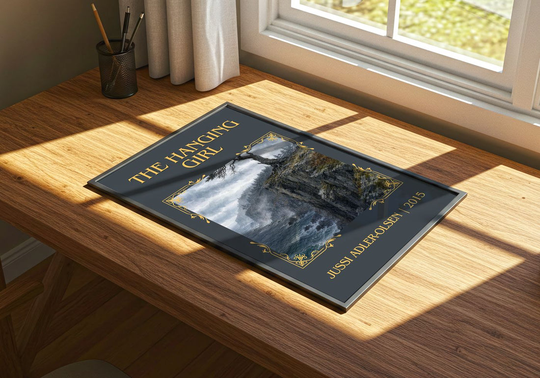 The Hanging Girl Classic Book Art Print by Jussi Adler-Olsen – print on a sunlit desk