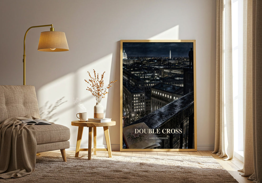Double Cross watercolour print in frame leaning in hallway – thriller wall art (mockup)